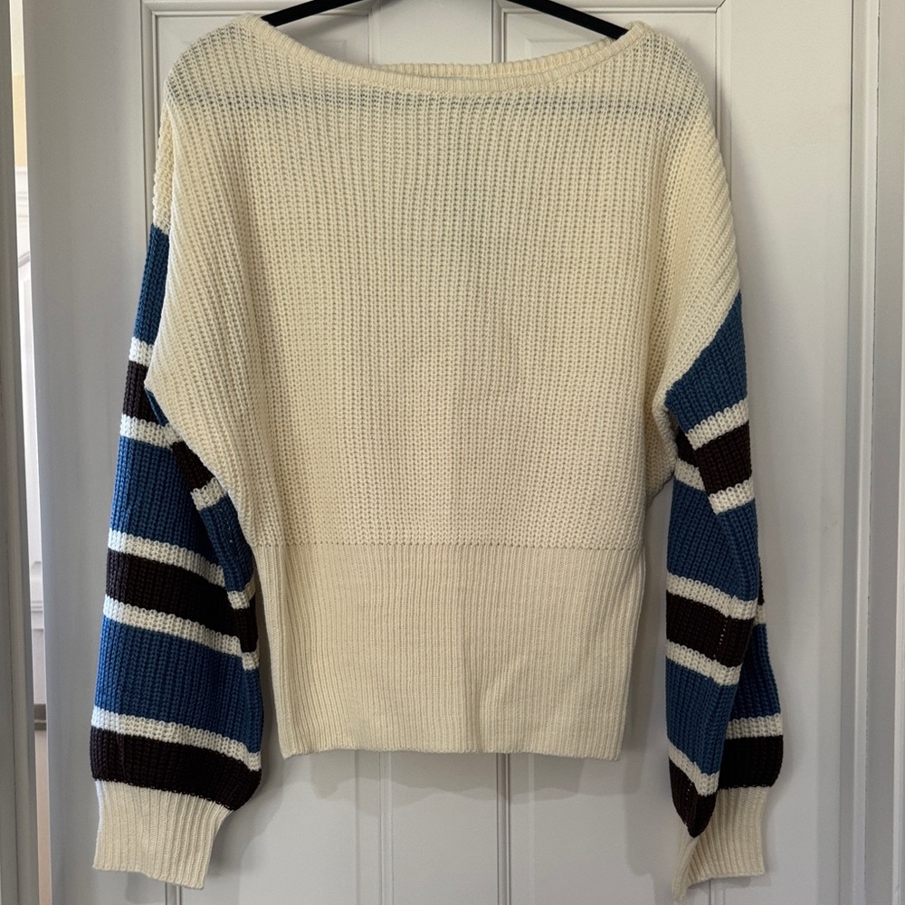Cupshe Cream Sweater with Blue and Brown Striped Sleeves